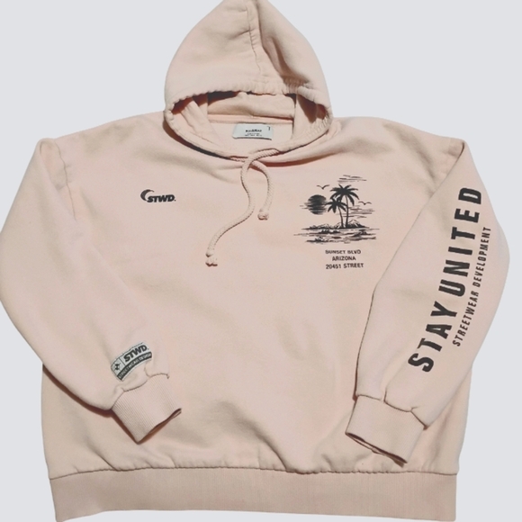 Pull&Bear | Pastel Pink Hoodie with PalmTree Streetwear Malibu Vibes | Size SM - Picture 10 of 11